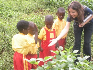 Danielle with Uganda's school children 